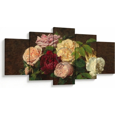 Obraz - Henri Fantin-Latour, Roses de Nice on a Table, reprodukcia (s hodinami), päťdielne 150x80 cm s hodinami