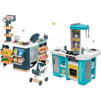 Smoby Set kuchynka elektronická Tefal Studio 360° XL Bubble a obchod zmiešaný tovar Maxi Market s chladničkou