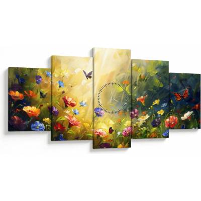 Obraz - Jarná kvetinová lúka, maľba (s hodinami), päťdielne 150x80 cm s hodinami