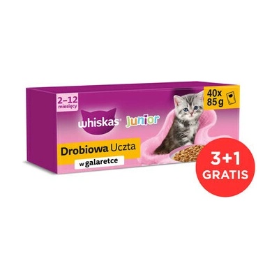 WHISKAS Junior Hydinová hostina 120x85 g kuracím, kačacím, hydinovým a morčacím mäsom v želé pre mačiatka + 40 vrecúšok