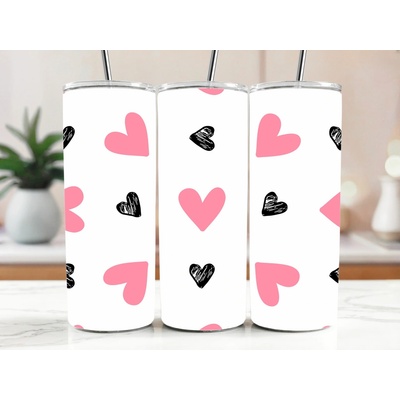 Cool termokelímek s brčkem 590 ml Růžová a skicovaná srdíčka