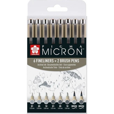 Sada technických per Sakura Pigma Micron šedé odstíny 8 ks