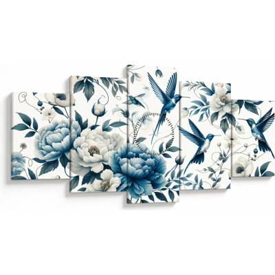 Obraz - Kolibríky s kvetmi (s hodinami), päťdielne 150x80 cm s hodinami