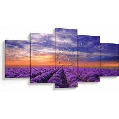 Obraz levanduľového pole (s hodinami), päťdielne 150x80 cm s hodinami