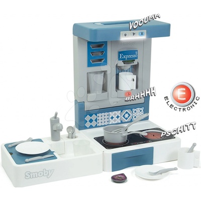 Smoby Kuchyňka na cesty Cook&Go Blue skládací elektronická se zvukem a světlem a 17 doplňků