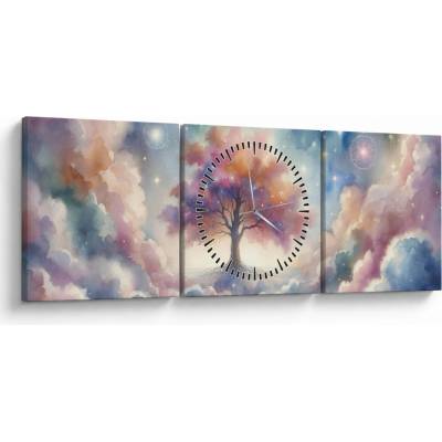 Obraz – Strom života v oblakoch (s hodinami), trojdielne 90x30 cm s hodinami