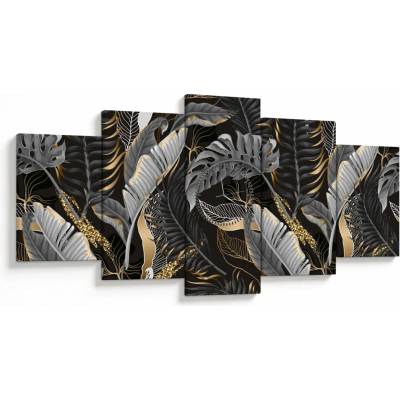 Obraz - Tropické listy v čierno-zlatej (s hodinami), päťdielne 150x80 cm s hodinami