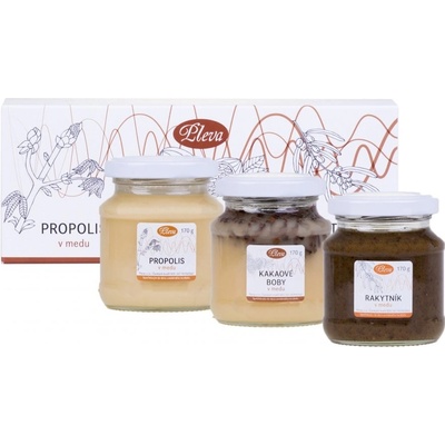Pleva Dárková krabička s medy propolis kakaové boby a rakytník v medu 3 x 170 g