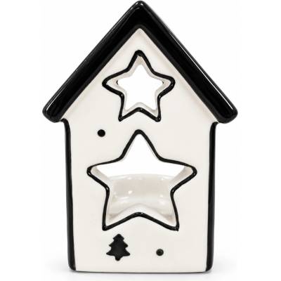 Keramický vianočný domček na čajovú sviečku – bielo-čierny, 9 cm