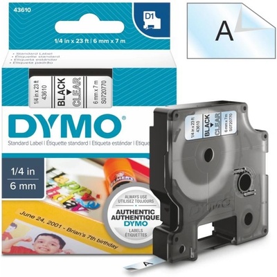 Páska Dymo D1, 6mm (43610) průhledná, černý tisk, 7m