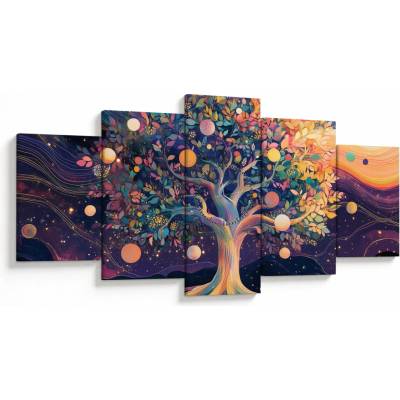 Obraz - Fialový strom plný energie (s hodinami), pětidílný 150x80 cm s hodinami