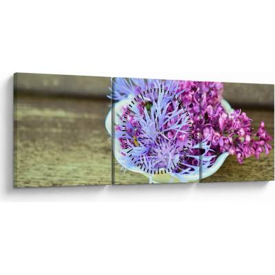 Obraz - fialová rastlinka (s hodinami), trojdielne 90x30 cm s hodinami