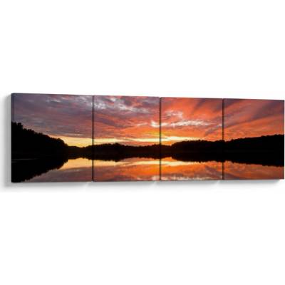 Obraz - Západ slnka nad jazerom, štvordielne 160x40 cm