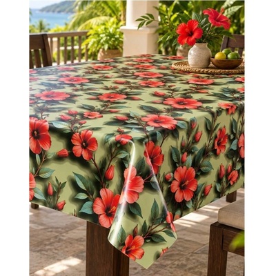 Obrus PVC MIS395, metráž, 20 m x 140 cm, červené ibišky s listami, IMPOL TRADE
