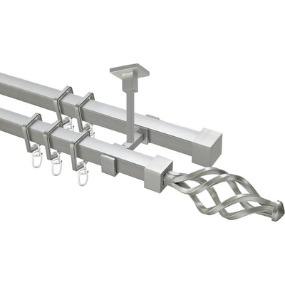 OK-GarnýžeCZ Garnýž kovová hranatá dvouřadá 20x20mm Azur satina 170 cm do stropu / kroužky s háčkem