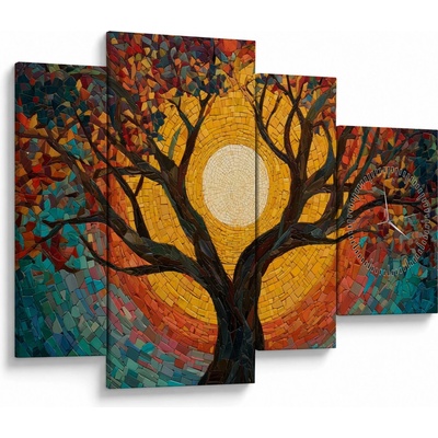 Obraz - Slunce v koruně stromu života (s hodinami), Čtyřdílný 110x75 cm s hodinami