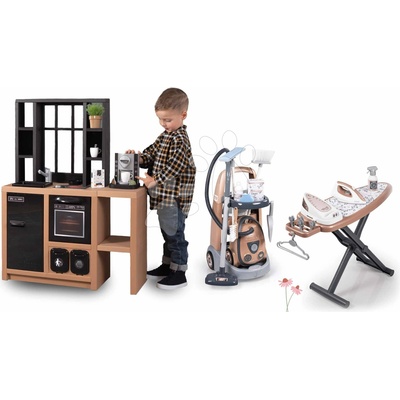 Smoby Set úklidový vozík a moderní kuchyňka Rowenta Trolley Vacuum Cleaner a vysavač se zvukem a žehlicí prkno