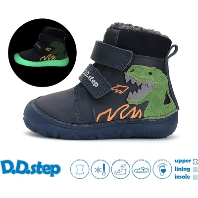D.D.Step W073-52943 dětské zimní barefoot boty modrý dinosaurus modrá