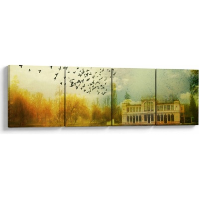Obraz maľované krajiny so sídlom, štvordielne 160x40 cm