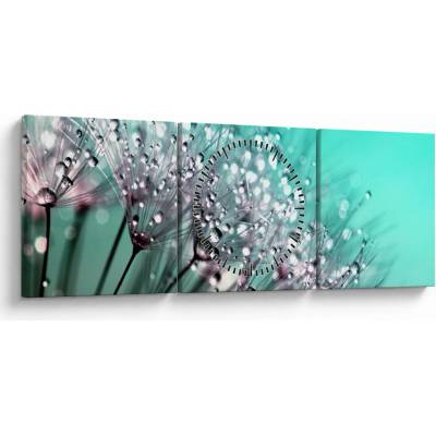 Obraz - orosená rastlina (s hodinami), trojdielne 90x30 cm s hodinami