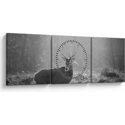 Obraz - Jeleň v lese, čiernobiela (s hodinami), trojdielne 90x30 cm s hodinami