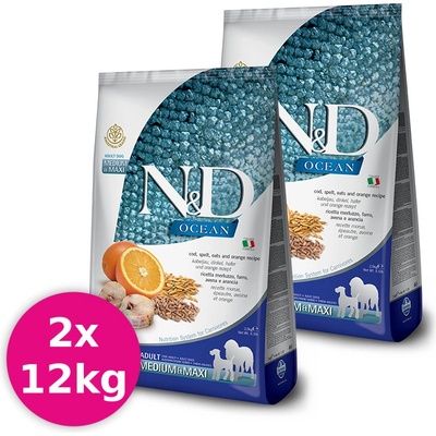 N&D Ocean Dog Adult Medium & Maxi Ancestral Grain Cod Spelt Oats & Orange 2 x 12 kg