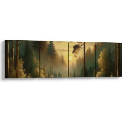 Obraz - Slnko žiariace lesom, štvordielne 160x40 cm