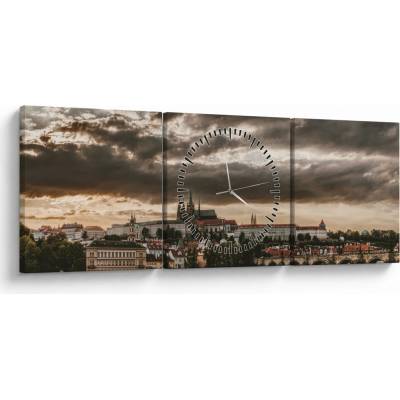 Obraz - zamračená Praha (s hodinami), trojdielne 90x30 cm s hodinami