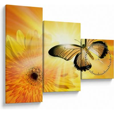 Obraz - Žltý motýľ s kvetom (s hodinami), trojdielne 90x70 cm s hodinami