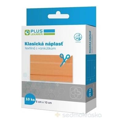 PLUS LEKÁREŇ Náplasť klasická textilná s vankúšikom, 6 x10 cm, 10 ks