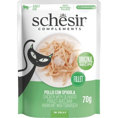 Schesir Jelly cat Kuracie filety a morský vlk s ryžou 70 g