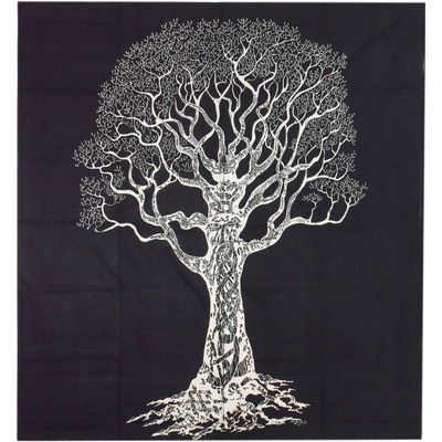 Sanu Babu přehoz na postel černo-bílý se stromem života 220 x 210 cm