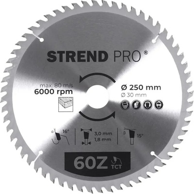 Kotúč Strend Pro TCT 250x3.0x30/20 mm 60T, na drevo, pílový, SK plátky
