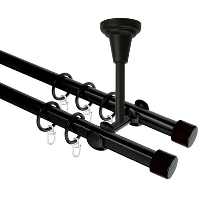 OK-GarnýžeCZ Garnýž kovová dvouřadá 19mm Pullo černá 170 cm do stropu / kroužky s háčkem