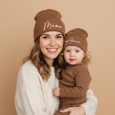 Párové čepičky z vroubkovaného úpletu pro MOMMY A DÍTĚ čepičky Hnědá