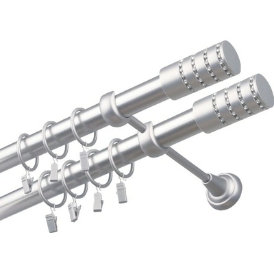 OK-GarnýžeCZ - Garnýže kovová dvouřadá 25/25mm Cylinder crystal double satina 190 cm do stěny / kroužky s žabkou
