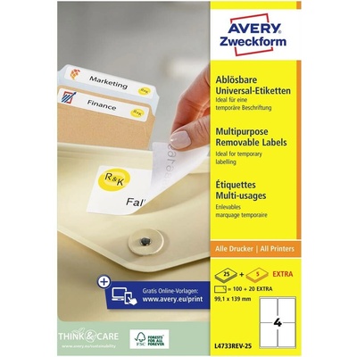 Avery-Zweckform L4733REV-25 99.1 x 139 mm papier biela 120 ks premiestniteľné univerzálne etikety atrament