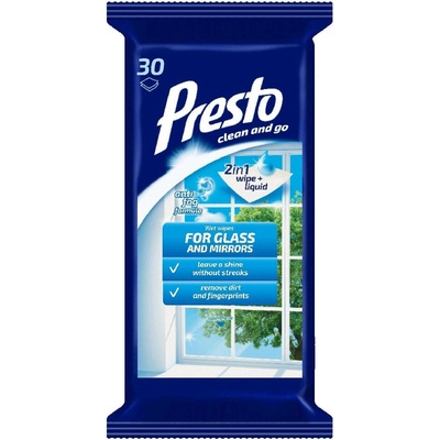PRESTO CLEAN vlhčené utierky - SKLENENÉ POVRCHY 30 ks