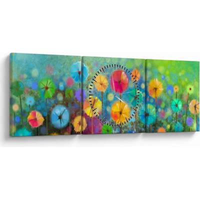 Obraz - Abstraktné kvety (s hodinami), trojdielne 90x30 cm s hodinami