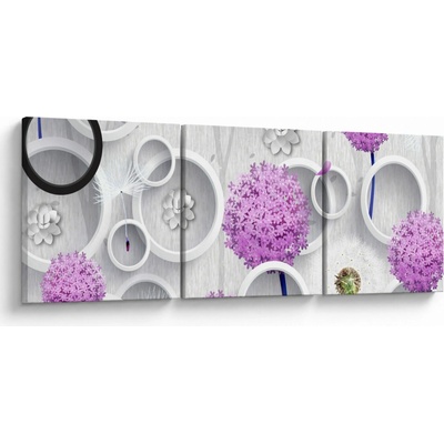 Obraz 3D abstrakcie s kruhmi a kvetinami, trojdielne 120x40 cm
