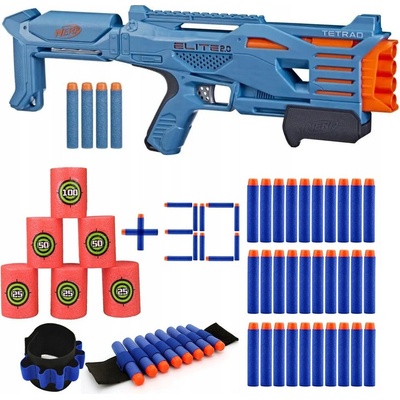 Hasbro PISTOLE NERF ELITE 2.0 TETRAD QS-4 SADA + TERČE + 30 ŠIPEK + NÁRAMEK