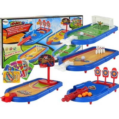 Lean Toys Sada arkádových her 4 v 1 Basketbal Football Shield Bowling Dart