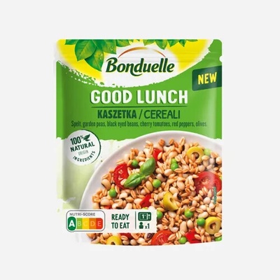 Bonduelle Good Lunch sterilizovaná zmes špaldy hrášku fazúľ paradajok papriky a olív 250 g