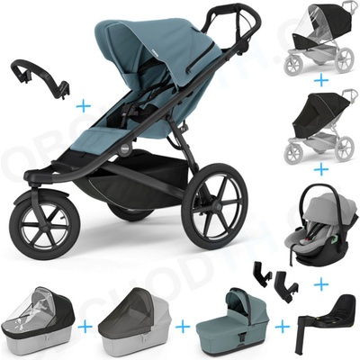 Thule Set 10v1 Urban Glide 3 Mid blue s magnetickou sponou 2025 + madlo + korba Mid blue + pláštěnky a moskytiéry Thule + Autosedačka Thule Maple Light Gray s ISOFIX základnou Thule Alfi a adaptéry