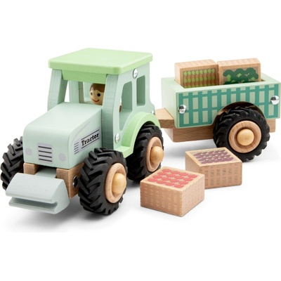 New Classic Toys Dřevěný traktor s přívěsem a zeleninou 11944