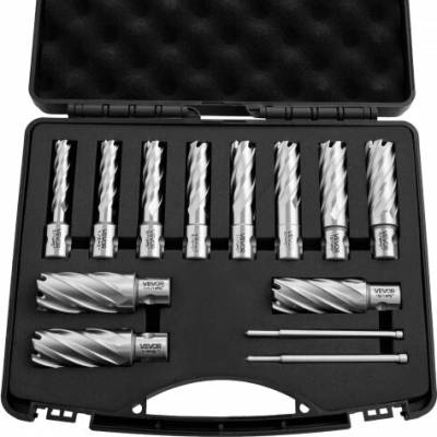 VEVOR Sada prstencových fréz , 13dílná sada univerzálních vrtáků s magnetickou stopkou, hloubka řezu 50,8 mm, průměr řezu 11,11 mm až 26,98 mm, HSS, 11 vrtáků, 2 pilotní kolíky, plastové pouzdro, pro