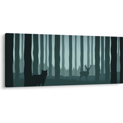 Obraz - Jeleň s vlkom v skalách, jednodielne 120x50 cm