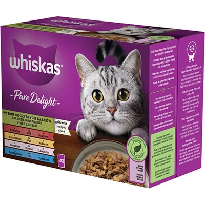 Whiskas Pure Delight lahodné kúsky hovädzina kura losos tuniak v želé 12 x 85 g