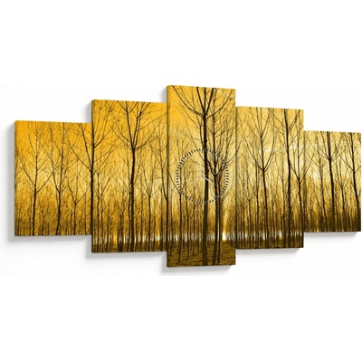 Obraz lesa pri západe slnka (s hodinami), päťdielne 150x80 cm s hodinami