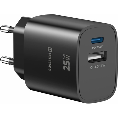Nabíječka do sítě GaN 1x USB-C PD 25W + 1x USB-A 18W QC - Swissten Edge, černá